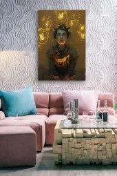 Parlak Semboller ve Oturan Kadın Yağlı Kanvas Tablo thumbnail 3