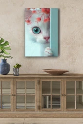 Duvar Arkasında Beyaz Kedi Yağlı Kanvas Tablo thumbnail 1