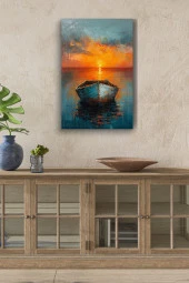 Gün Batımındaki Tekne Yağlı Kanvas Tablo thumbnail 1