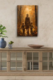 Çocukları İle Yürüyen Kadın Yağlı Kanvas Tablo thumbnail 1