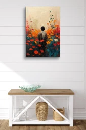 Kırmızı Çiçekler İçerisindeki Genç Yağlı Kanvas Tablo thumbnail 2