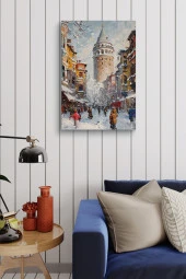 Kış Mevsiminde Galata Kulesi Yağlı Kanvas Tablo thumbnail 4