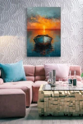 Gün Batımındaki Tekne Yağlı Kanvas Tablo thumbnail 6