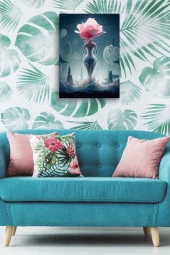 Pembe Çiçek Detaylı Realistik Çizim Kadın Yağlı Kanvas Tablo thumbnail 3