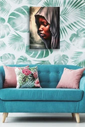 Gri Kapşonlu Afrikalı Kadın Yağlı Kanvas Tablo thumbnail 4