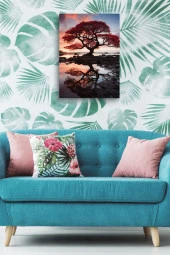 Su'ya Yansıyan Turuncu Büyük Ağaç Yağlı Kanvas Tablo thumbnail 5