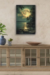 Göl Kenarına Yansıyan Ay ve Ay Işığı Kanvas Tablo thumbnail 1