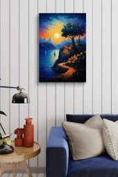 Gün Batımı Detaylı Tepedeki Evler Yağlı Kanvas Tablo thumbnail 3