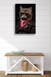 Modern Kahverengi Gözlüklü Kedi Yağlı Kanvas Tablo thumbnail 2