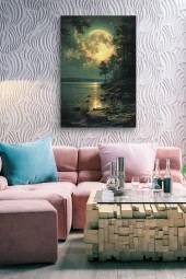 Göl Kenarına Yansıyan Ay ve Ay Işığı Kanvas Tablo thumbnail 7