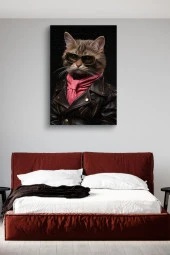 Modern Kahverengi Gözlüklü Kedi Yağlı Kanvas Tablo thumbnail 3