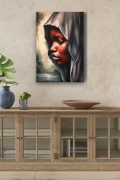 Gri Kapşonlu Afrikalı Kadın Yağlı Kanvas Tablo thumbnail 1