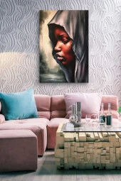 Gri Kapşonlu Afrikalı Kadın Yağlı Kanvas Tablo thumbnail 5