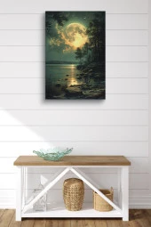 Göl Kenarına Yansıyan Ay ve Ay Işığı Kanvas Tablo thumbnail 2