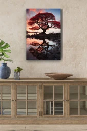 Su'ya Yansıyan Turuncu Büyük Ağaç Yağlı Kanvas Tablo thumbnail 1
