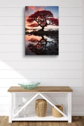 Su'ya Yansıyan Turuncu Büyük Ağaç Yağlı Kanvas Tablo thumbnail 2