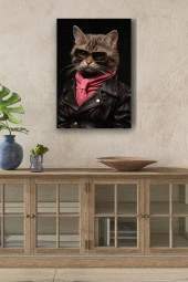 Modern Kahverengi Gözlüklü Kedi Yağlı Kanvas Tablo thumbnail 1