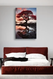 Su'ya Yansıyan Turuncu Büyük Ağaç Yağlı Kanvas Tablo thumbnail 3