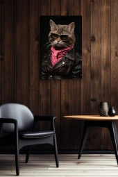 Modern Kahverengi Gözlüklü Kedi Yağlı Kanvas Tablo thumbnail 6