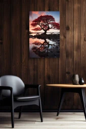 Su'ya Yansıyan Turuncu Büyük Ağaç Yağlı Kanvas Tablo thumbnail 6