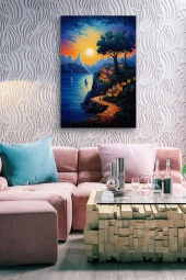 Gün Batımı Detaylı Tepedeki Evler Yağlı Kanvas Tablo thumbnail 6
