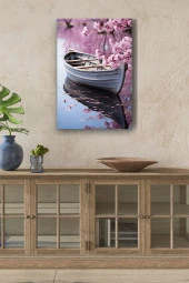 Pembe Çiçek Detaylı Kayık Yağlı Kanvas Tablo thumbnail 1