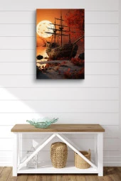 Gün Batımına Karşı Karadaki Gemi Resmi Yağlı Kanvas Tablo thumbnail 2