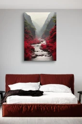 Kırmızı Çiçekler Arasındaki Akarsu Yağlı Kanvas Tablo thumbnail 3