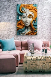 Turuncu-Mavi Saçlı Beyaz Kadın Yağlı Kanvas Tablo thumbnail 5