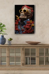 Kırmızı Çiçekler İçerisindeki Gülen Kuru Kafa Yağlı Kanvas Tablo thumbnail 1