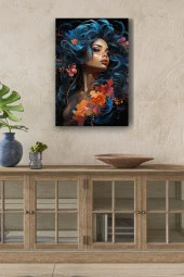 Mavi Saçlı Dalgalı Kadın Yağlı Kanvas Tablo thumbnail 1