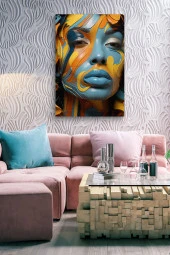 Turuncu Mavi Boyalar İçerisindeki Kadın Yağlı Kanvas Tablo thumbnail 6