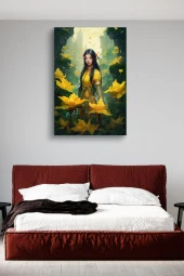 Sarı Çiçekler Arasındaki Uzak Doğulu Kız Yağlı Kanvas Tablo thumbnail 3