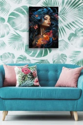 Mavi Saçlı Dalgalı Kadın Yağlı Kanvas Tablo thumbnail 5