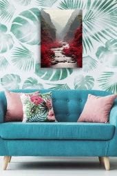 Kırmızı Çiçekler Arasındaki Akarsu Yağlı Kanvas Tablo thumbnail 5