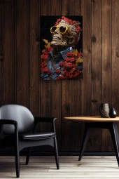 Kırmızı Çiçekler İçerisindeki Gülen Kuru Kafa Yağlı Kanvas Tablo thumbnail 5