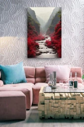 Kırmızı Çiçekler Arasındaki Akarsu Yağlı Kanvas Tablo thumbnail 7