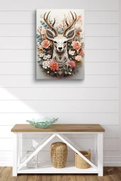 Beyaz Arka Planlı Çiçekler İçerisindeki Geyik Yağlı Kanvas Tablo thumbnail 1