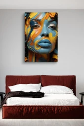 Turuncu Mavi Boyalar İçerisindeki Kadın Yağlı Kanvas Tablo thumbnail 2