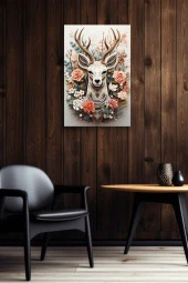 Beyaz Arka Planlı Çiçekler İçerisindeki Geyik Yağlı Kanvas Tablo thumbnail 4