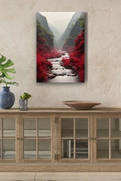 Kırmızı Çiçekler Arasındaki Akarsu Yağlı Kanvas Tablo thumbnail 1