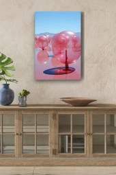 Tuz Gölü Üzerindeki Pembemsi Şeffaf Balonsu Toplar Yağlı Kanvas Tablo thumbnail 1