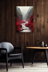 Kırmızı Çiçekler Arasındaki Akarsu Yağlı Kanvas Tablo thumbnail 6
