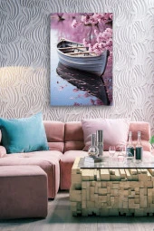Pembe Çiçek Detaylı Kayık Yağlı Kanvas Tablo thumbnail 7
