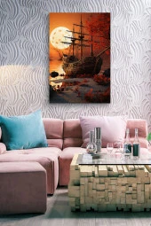 Gün Batımına Karşı Karadaki Gemi Resmi Yağlı Kanvas Tablo thumbnail 4