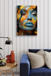 Turuncu Mavi Boyalar İçerisindeki Kadın Yağlı Kanvas Tablo thumbnail 3
