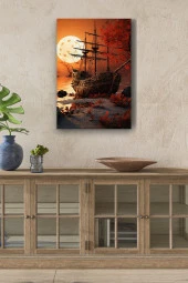 Gün Batımına Karşı Karadaki Gemi Resmi Yağlı Kanvas Tablo thumbnail 1