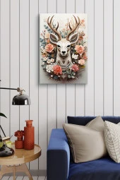 Beyaz Arka Planlı Çiçekler İçerisindeki Geyik Yağlı Kanvas Tablo thumbnail 3