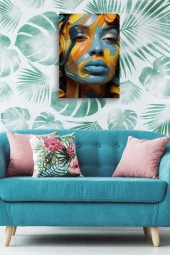 Turuncu Mavi Boyalar İçerisindeki Kadın Yağlı Kanvas Tablo thumbnail 4