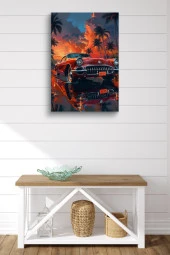 Gün Batımı Detaylı Retro Araba Yağlı Kanvas Tablo thumbnail 1